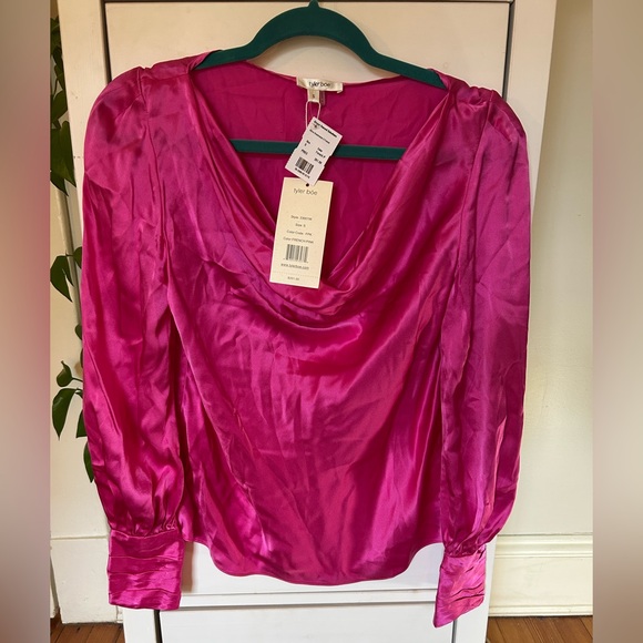 Tyler Boe women’s NWT French pink 100% silk long sleeve blouse cowl neck - Picture 1 of 13